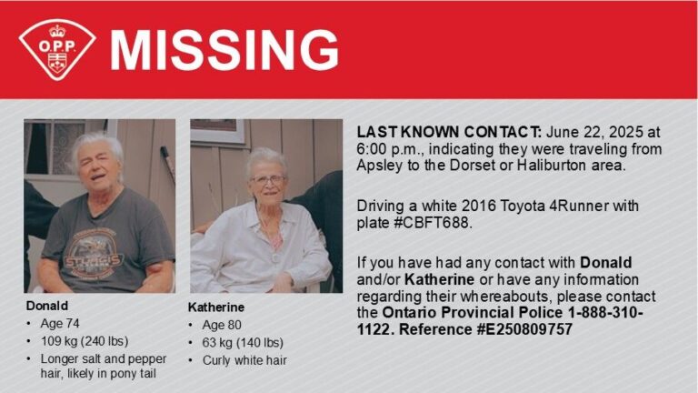 OPP seeks public’s help in locating elderly couple travelling from Apsley to Haliburton